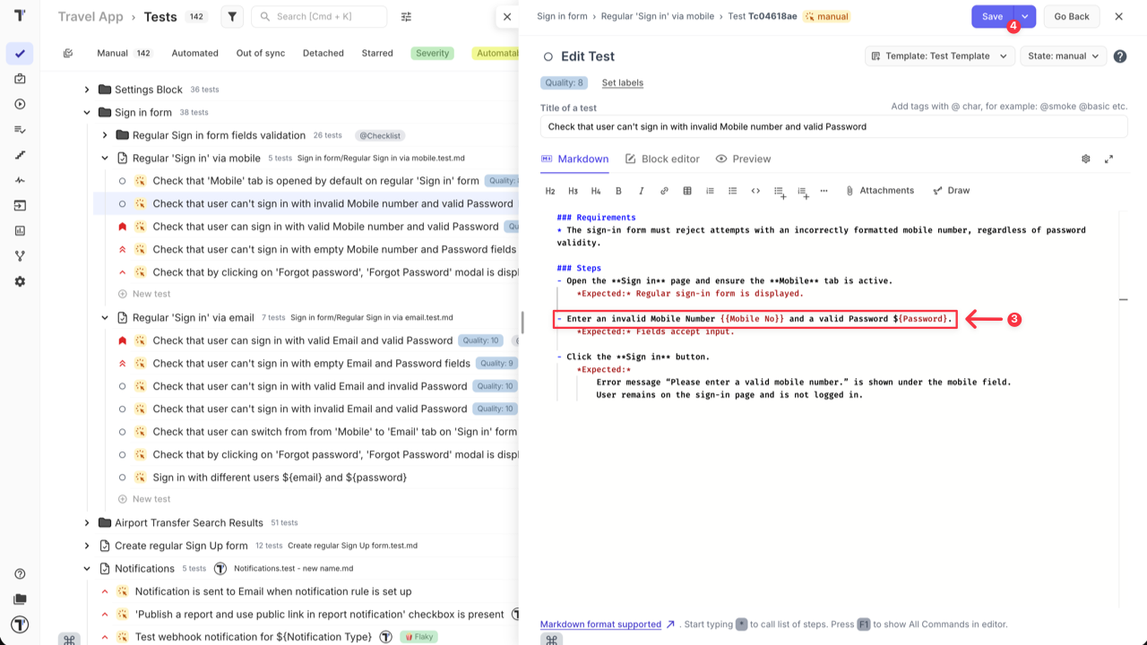 Testomat.io - Dynamic Parameters in Test Steps